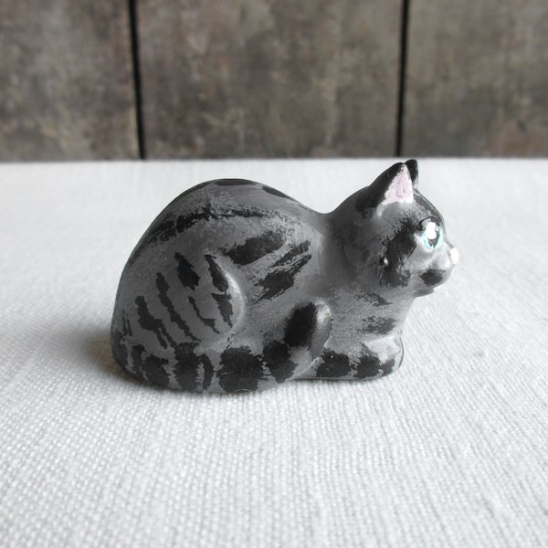 Vintage Tabby Cat Figurine, Miniature Tiny Gray Silver Tabby Cat Ceramic Figurine, Ceramic Miniature Tabby Tiger Cat Figurine Cat Lover Gift