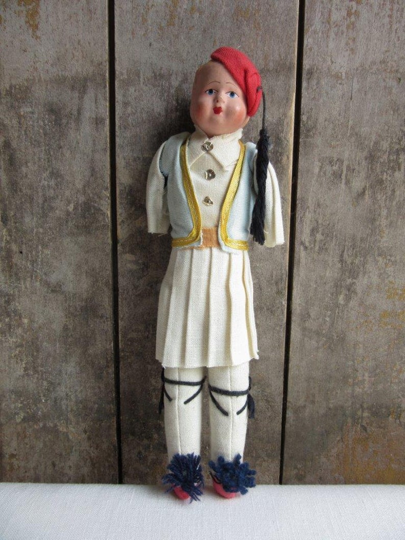 Vintage Greek Doll, Greek Cloth Dolls, Souvenir, World, Ethnic, International Folk Dolls, Native Costume, Papier Paper Mache, Composition image 1