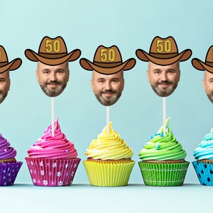 Custom face cupcake toppers cowboy hat, Photo cupcake toppers (30th, 40th, 50th, 60th)  first birthday decor, picture cupcake topper, funny