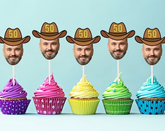 Custom face cupcake toppers cowboy hat, Photo cupcake toppers (30th, 40th, 50th, 60th)  first birthday decor, picture cupcake topper, funny