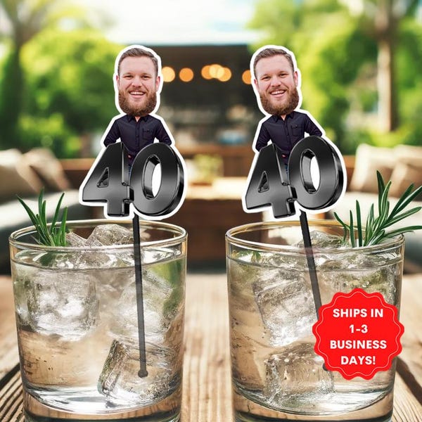Custom birthday drink stirrers, 40th birthday party decor men, custom face decoration, face birthday decorations, 40th party decor, Any age