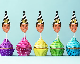 Personalized cupcake toppers, Birthday cake toppers, 40th Birthday decorations, Birthday party hat, Milestone birthday cake toppers, any age