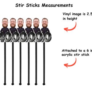 May include: Seven black acrylic stir sticks with black vinyl images attached. Each image is 2.5 inches tall and attached to a 6 inch stir stick. The images are of a person's face.
