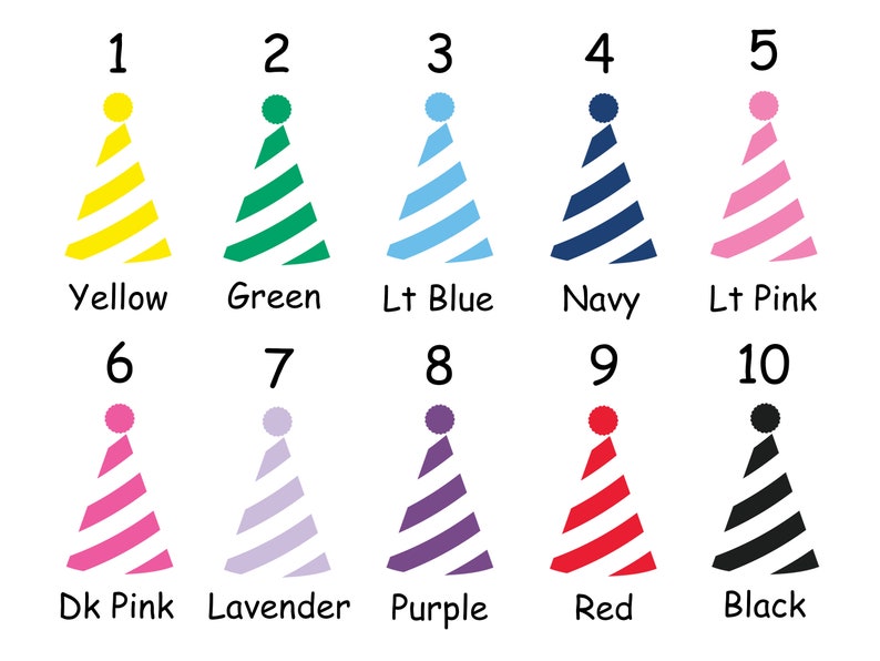 Op de afbeelding: Tien verschillende feestmutsen in verschillende kleuren, waaronder geel, groen, lichtblauw, marine, lichtroze, donkerroze, lavendel, paars, rood en zwart. Elke muts heeft een wit streepjespatroon.