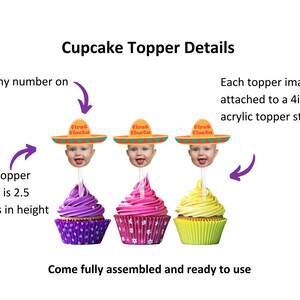 Puede incluir: Tres adornos para cupcakes con un sombrero y una cara de beb&eacute; en la parte superior. Los adornos miden 2,5 pulgadas de alto y vienen unidos a un palito de acr&iacute;lico transparente de 4 pulgadas. Los cupcakes son morados, rosas y amarillos.