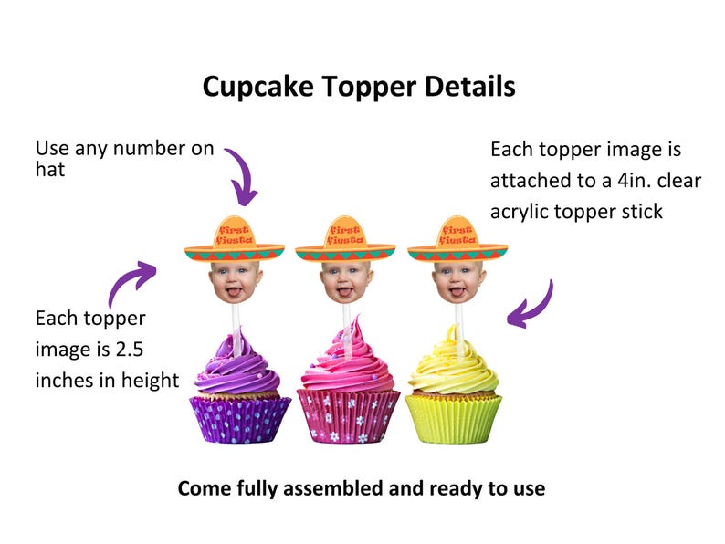 Puede incluir: Tres adornos para cupcakes con un sombrero y una cara de beb&eacute; en la parte superior. Los adornos miden 2,5 pulgadas de alto y vienen unidos a un palito de acr&iacute;lico transparente de 4 pulgadas. Los cupcakes son morados, rosas y amarillos.