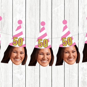 50th Birthday Banner custom cupcake toppers with face, Personalized Birthday Decorations face, Fifty confetti, Gold happy birthday balloons image 3