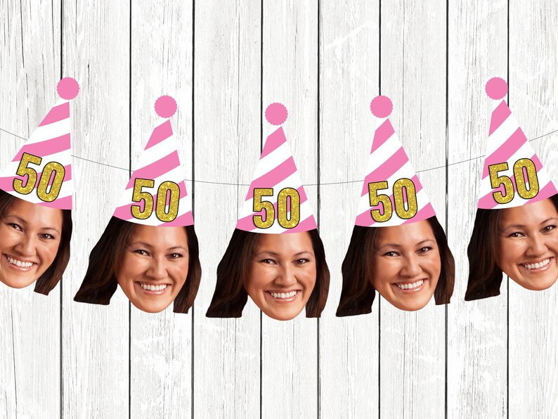 50th Birthday Banner custom cupcake toppers with face, Personalized Birthday Decorations face, Fifty confetti, Gold happy birthday balloons image 3