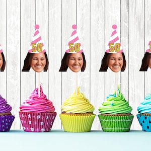 50th Birthday Banner custom cupcake toppers with face, Personalized Birthday Decorations face, Fifty confetti, Gold happy birthday balloons image 4