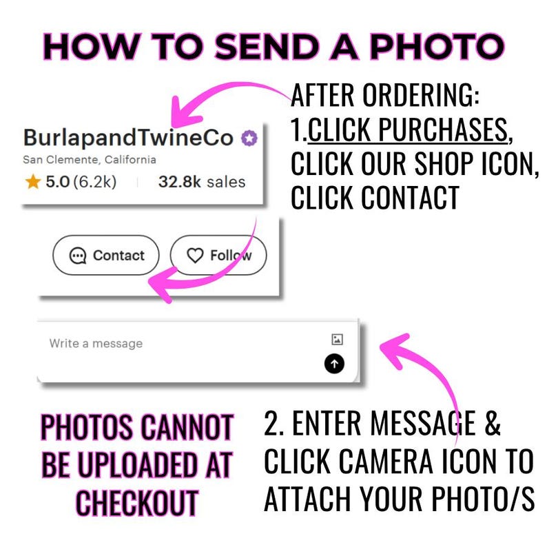 May include: Image with text: "HOW TO SEND A PHOTO." Instructions on how to send a photo after ordering, including clicking purchases, shop icon, and contact. Photos cannot be uploaded at checkout. Includes a camera icon.