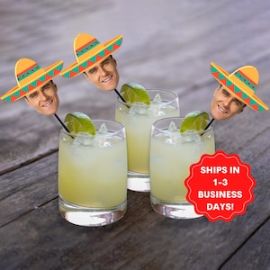 fiesta drink stirrers with face and sombrero, stir sticks personalized birthday, swizzle sticks custom, taco bout a party, bachelorette