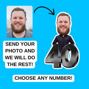 May include: A black and white image of a person's head superimposed on a black 40. The text "SEND YOUR PHOTO AND WE WILL DO THE REST!" is below the image and the text "CHOOSE ANY NUMBER!" is below the 40.