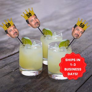 Stir sticks with crown, Drink stirrers personalized with face, 50th Birthday stir sticks, Custom Party Favors, swizzle sticks, 30th, 40th
