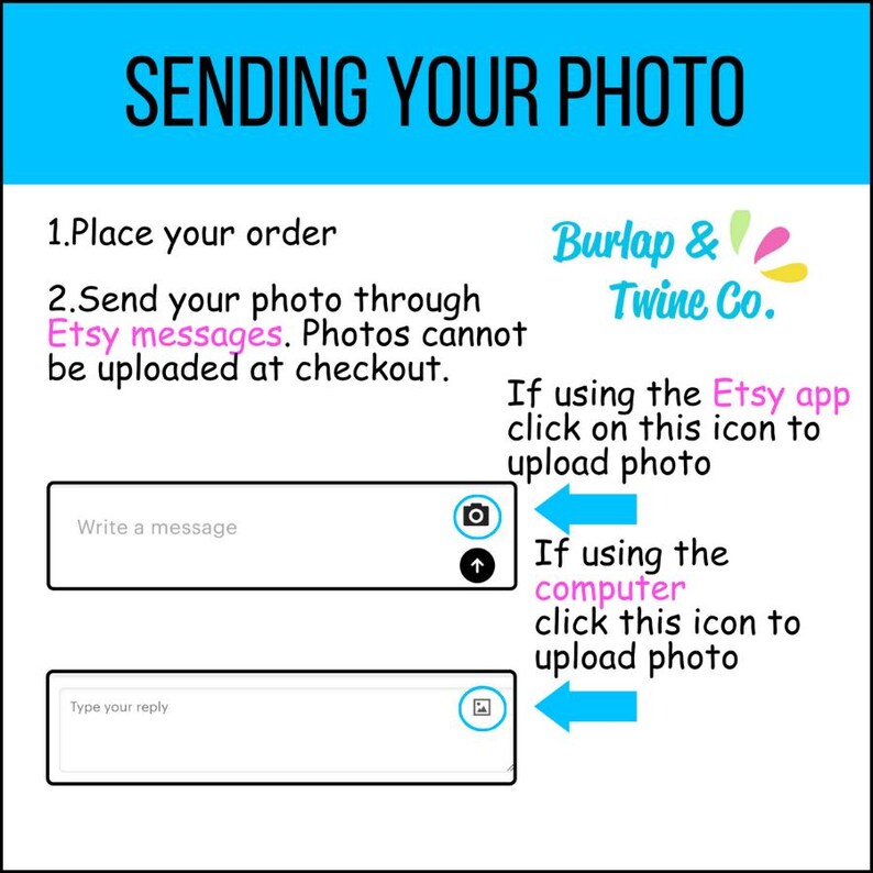 Puede incluir: Un gr&aacute;fico azul y blanco con instrucciones sobre c&oacute;mo enviar una foto a trav&eacute;s de los mensajes de Etsy. El gr&aacute;fico incluye un icono de c&aacute;mara y un icono de foto. El texto dice "Enviando tu foto", "Haz tu pedido", "Env&iacute;a tu foto a trav&eacute;s de los mensajes de Etsy. Las fotos no se pueden cargar al finalizar la compra.", "Escribe un mensaje", "Escribe tu respuesta", "Burlap & Twine Co.", "Si usas la aplicaci&oacute;n Etsy, haz clic en este icono para cargar la foto", "Si usas la computadora, haz clic en este icono para cargar la foto".