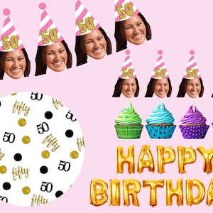 50th Birthday Banner custom cupcake toppers with face, Personalized Birthday Decorations face, Fifty confetti, Gold happy birthday balloons image 1