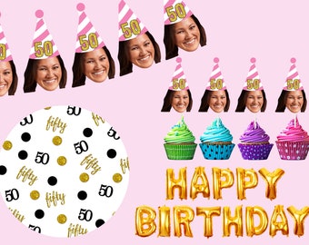 50th Birthday Banner custom cupcake toppers with face, Personalized Birthday Decorations face, Fifty confetti, Gold happy birthday balloons