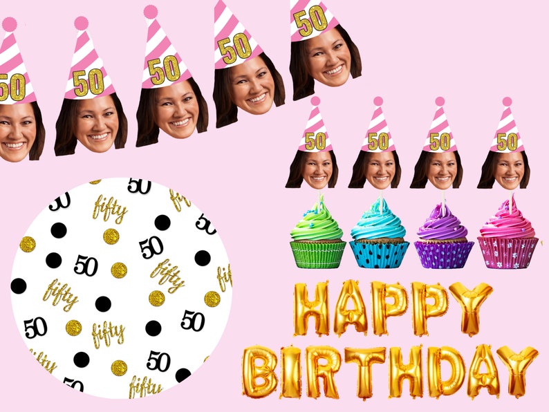 50th Birthday Banner custom cupcake toppers with face, Personalized Birthday Decorations face, Fifty confetti, Gold happy birthday balloons image 1