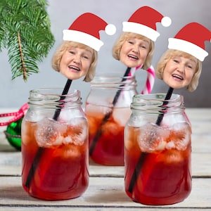 Drink stirrers personalized with face and Santa hat, Holiday stir sticks, Custom Christmas party decorations, swizzle sticks