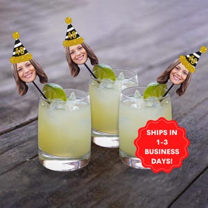 Custom face drink stirrers with party hat, Personalized birthday party favor, Funny party decor, cocktail stir stick for 40th birthday decor