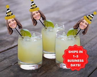 Custom face drink stirrers with party hat, Personalized birthday party favor, Funny party decor, cocktail stir stick for 40th birthday decor