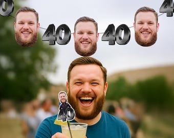 Custom 40th birthday banner, Face cutout birthday banner, 40th birthday decorations, Face confetti, Drink stirrers