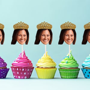 Custom face cupcake toppers with crown, Photo cupcake toppers, Mothers Day cake toppers, Retirement cupcake picks, Queen toppers with crown