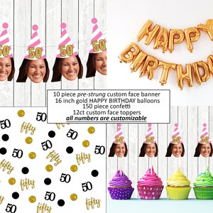 50th Birthday Banner custom cupcake toppers with face, Personalized Birthday Decorations face, Fifty confetti, Gold happy birthday balloons image 2