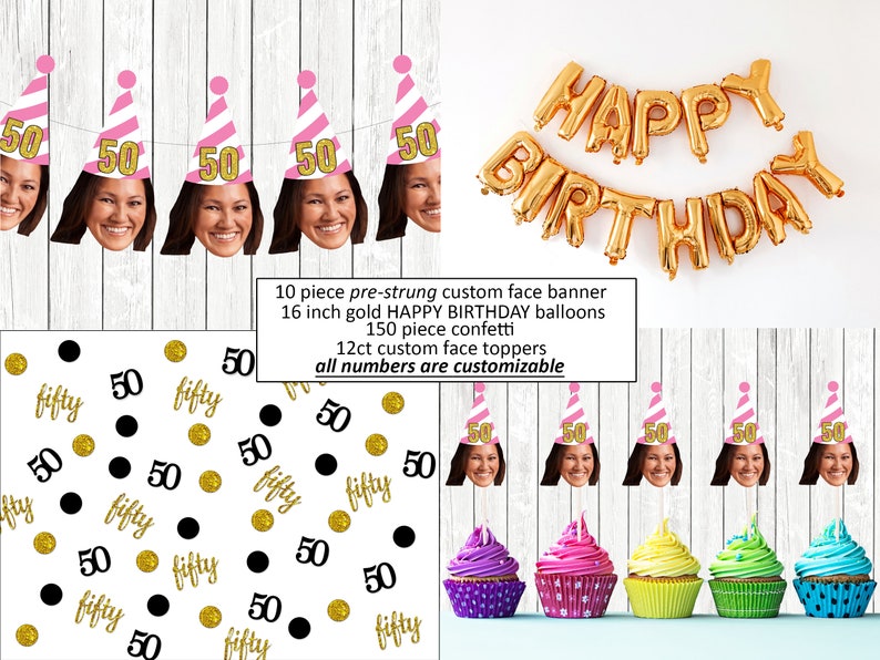50th Birthday Banner custom cupcake toppers with face, Personalized Birthday Decorations face, Fifty confetti, Gold happy birthday balloons image 2