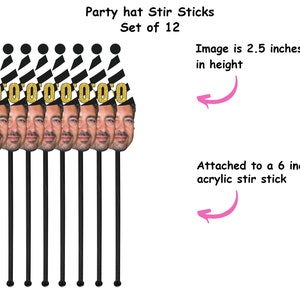 May include: Set of 12 party hat stir sticks. Each stick features a face with a party hat that reads "500000000". The image is 2.5 inches in height and attached to a 6-inch acrylic stir stick.