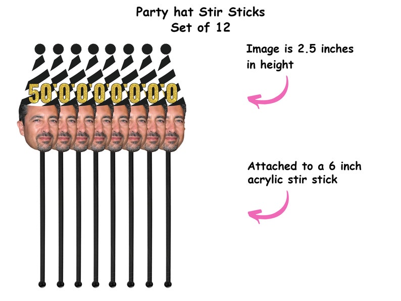 May include: Set of 12 party hat stir sticks. Each stick features a face with a party hat that reads "500000000". The image is 2.5 inches in height and attached to a 6-inch acrylic stir stick.