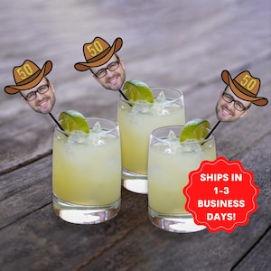 Drink stirrers personalized with face and cowboy hat, 50th Birthday stir sticks Custom Party Decorations, swizzle sticks, Western theme 40th