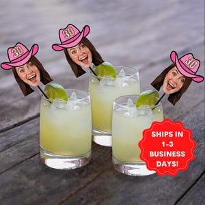 western drink stirrers with face and pink cowgirl hat, personalized birthday stir sticks, custom swizzle sticks, bachelorette, nash bash