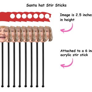 Drink stirrers personalized with face and Santa hat, Holiday stir sticks, Custom Christmas party decorations, swizzle sticks image 3