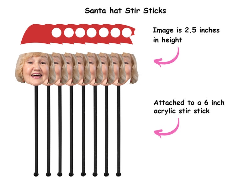Drink stirrers personalized with face and Santa hat, Holiday stir sticks, Custom Christmas party decorations, swizzle sticks image 3