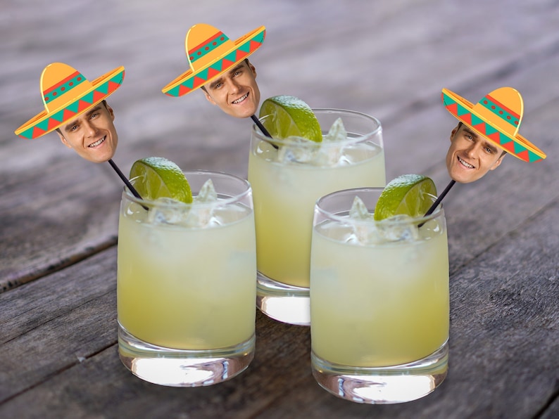 fiesta drink stirrers with face and sombrero, stir sticks personalized birthday, swizzle sticks custom, taco bout a party, bachelorette image 1