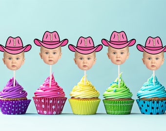 Cowgirl cupcake toppers with face, Rodeo cupcake toppers, pink cowboy hat, 30th, 40th, 50th, 60th, 1st birthday, cowgirl picks