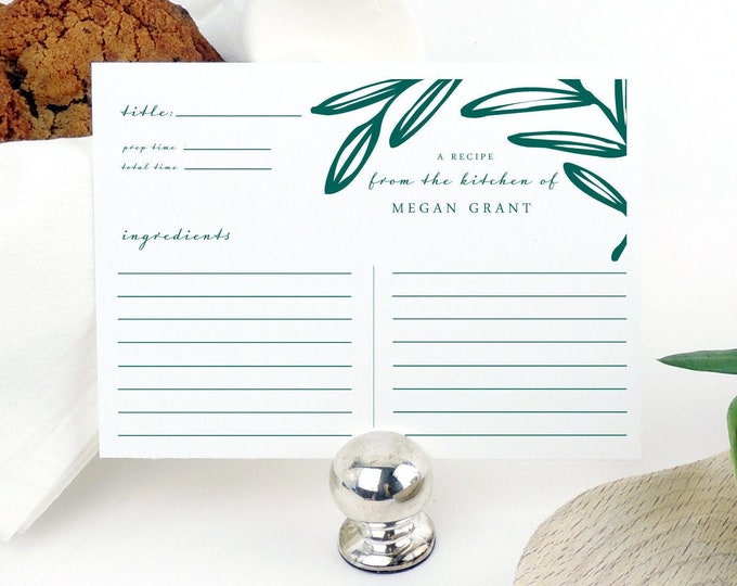 Printed Personalized Boxed Set of Recipe Cards, Recipe Kitchen Gift, Custom Recipe Cards, Bridal Shower Gift, Set of 16, 4"x5.5, Olive Leaf"