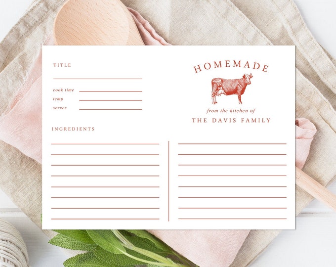 Printed Personalized Boxed Set of Recipe Cards, Recipe Kitchen Gift, Custom Recipe Cards, Kitchen Decor Gift, Set of 16, 4"x5.5, Cow