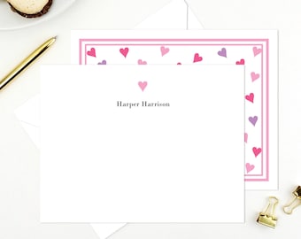 Personalized Girl's Note Card Set, Preppy Pink Hearts, Custom Stationery
