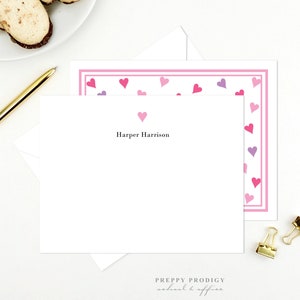 Personalized Stationery Note Card Set, Kids Custom Thank You Notes for girls, Personalized note cards for Girls, Preppy Hearts, Pink Hearts