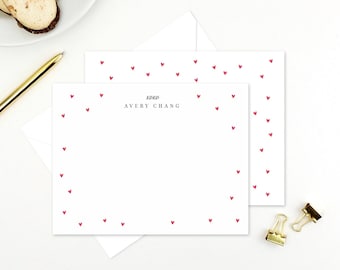 Personalized Stationery Note Card Set, Red Hearts Design