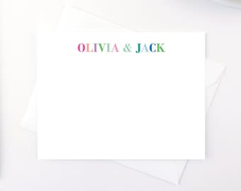 Personalized Stationery Set: Leaf Border, Rainbow Text