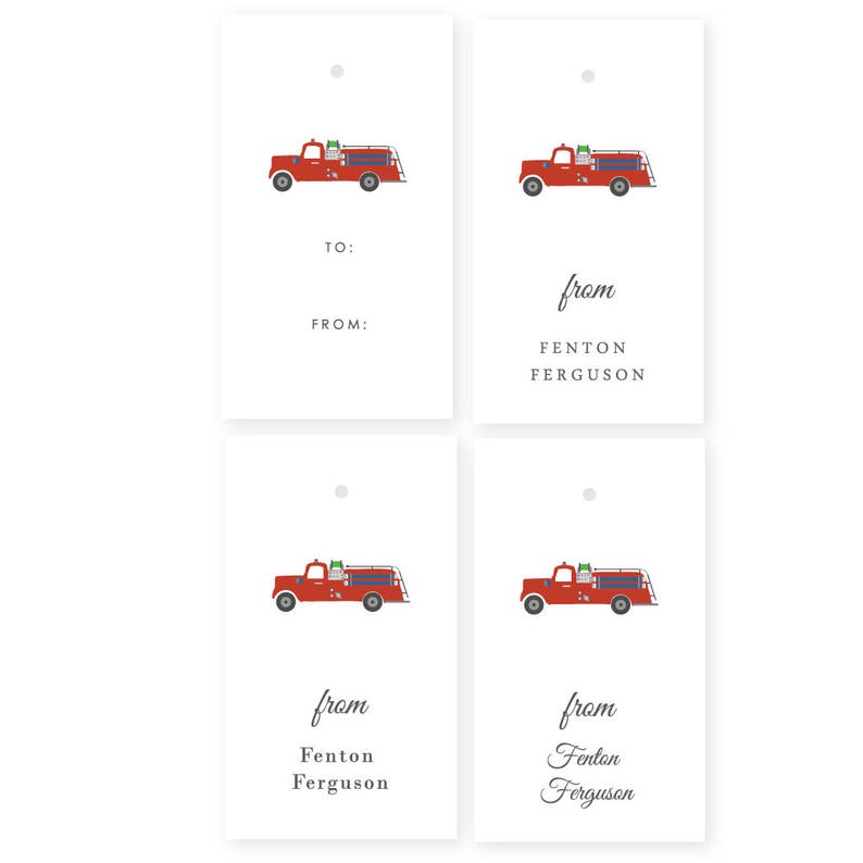 Puede incluir: Cuatro etiquetas de regalo de cami&oacute;n de bomberos rojo y blanco con el texto "from Fenton Ferguson" en tres de las etiquetas. La cuarta etiqueta tiene el texto "to:" y "from:" para la personalizaci&oacute;n.