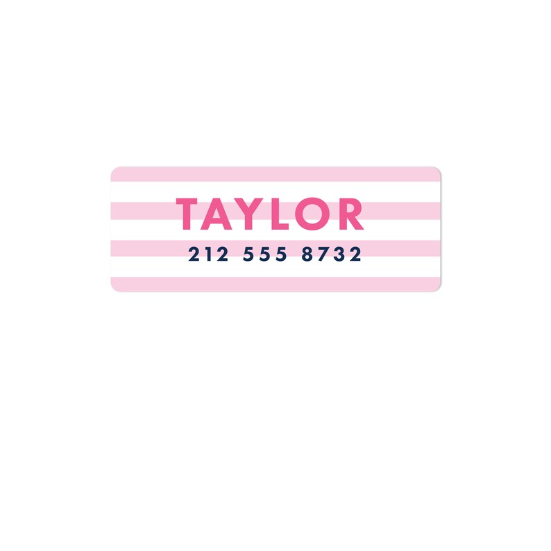 May include: Pink and white striped label with the name "TAYLOR" in pink letters and the phone number "212 555 8732" in blue letters.