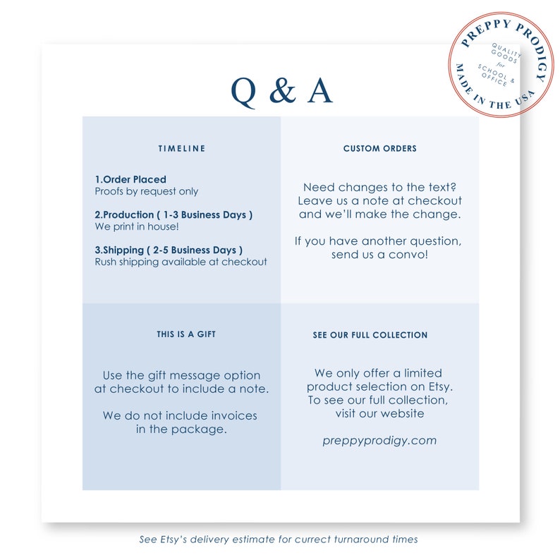 Puede incluir: Un gr&aacute;fico azul y blanco con el texto "Q & A" en una fuente grande. El gr&aacute;fico est&aacute; dividido en cuatro secciones con informaci&oacute;n sobre pedidos, producci&oacute;n, env&iacute;o y pedidos personalizados. El gr&aacute;fico tambi&eacute;n incluye informaci&oacute;n sobre mensajes de regalo y la colecci&oacute;n completa.