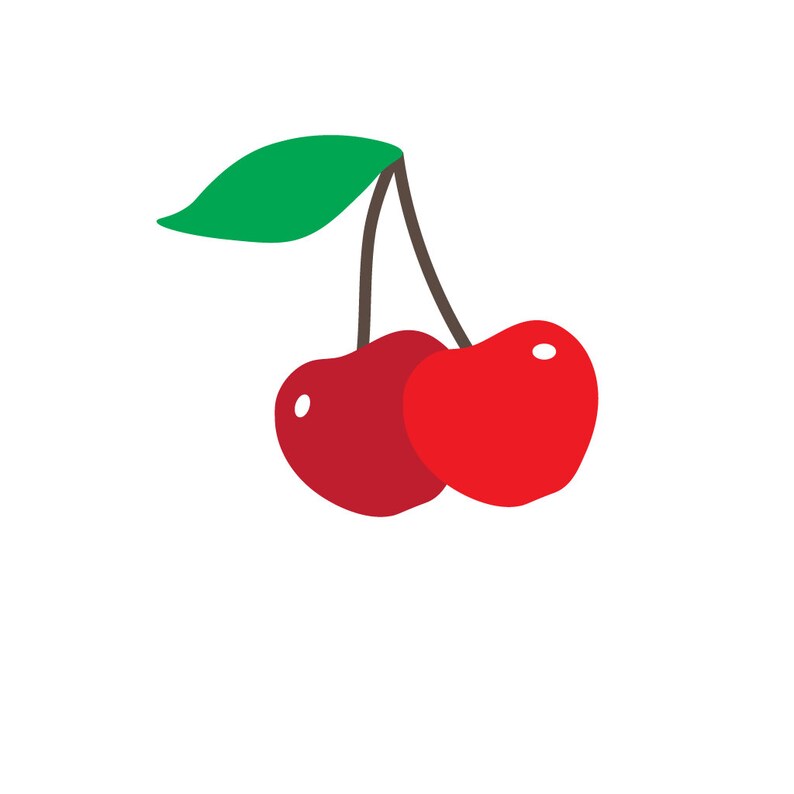 May include: Two red cherries with green stems and a single green leaf.