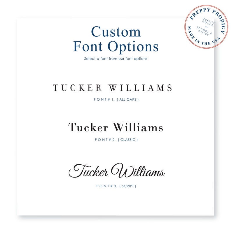Puede incluir: Una tarjeta blanca con el texto "Custom Font Options" y tres estilos de fuente diferentes para el nombre "Tucker Williams". La tarjeta tambi&eacute;n incluye un peque&ntilde;o logotipo con el texto "Preppy Prodigy" y "Quality Goods for School & Office Made in the USA".