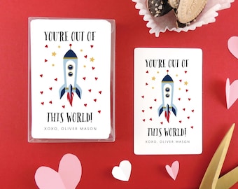 Personalized Kids Valentine Cards for school, Classroom Valentine's Day Favor Cards, Space Theme Card, Rocketship Valentines with envelopes