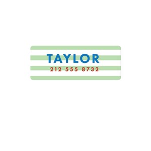 May include: A green and white striped label with the name "TAYLOR" in blue text and the phone number "212 555 8732" in red text.