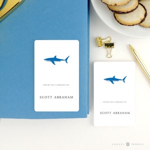 Children&#39;s Bookplate Stickers, Gift for Kids, Personalized Children&#39;s book labels, School Supplies, Boxed Set of 16, Blue Shark